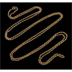 Early 20th century 9ct rose gold long fancy link necklace chain, stamped 9c, with later gold-plated clasp