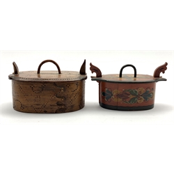  Scandinavian Folk Art bentwood box and cover painted with flowers W17cm and another Folk Art box and cover W16cm  