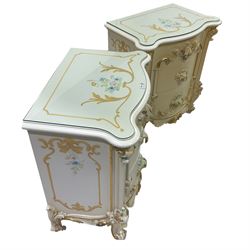 Silik Lo Stile Di Classe - pair Italian or baroque ivory painted bedside chests, fitted with three draws, each with moulded shell handles and scrolling, flanked by ionic column uprights with foliate scrolled apron and cabriole supports