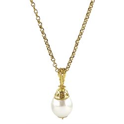 18ct gold white pearl pendant, with flower design bail, on 18ct gold link necklace, stamped 750
