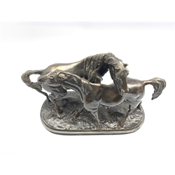 After Pierre-Jules Mene, bronze study of two horses, L33cm 