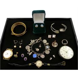 Pair of 9ct gold opal triplet stud earrings, Rotary 9ct gold ladies manual wind wristwatch, Sully Special super automatic gilt wristwatch, silver open face lever pocket watch, Chester 1857, silver charm bracelet etc