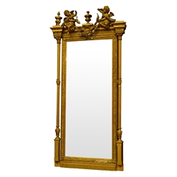  Large 20th century Adam style pier glass mirror, gilt wood and gesso frame with cherub and urn cresting, rectangular plate in laurel leaf surround enclosed by Corinthian column supports, H240cm, W120cm    