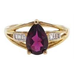 9ct gold pear shaped garnet and baguette diamond ring, hallmarked