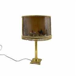 20th century brass lamp and shade with Hunting scene diorama by Peter Barry Studios, H59cm overall 