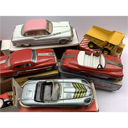 Toy vehicles including Gama O&K Faun K 100 tipper truck, MF 316 Deluxe Sedan, Minister Open Deluxe, Minister Deluxe and various other model vehicles