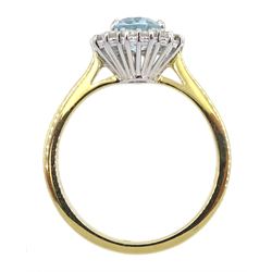 18ct gold oval aquamarine and round brilliant cut diamond cluster ring, hallmarked, aquamarine approx 1.00 carat