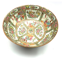 19th century Cantonese porcelain punch bowl, painted in famille rose enamels with panels of figures in gardens and interiors and with birds and insects amongst branches on a foliate ground within foliate panelled borders, D34cm