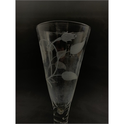   Large etched wine glass  with Jacobite inspired decoration of roses and inscribed 'Fiat' on a chamfered stem H30cm