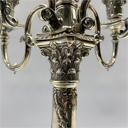 Edwardian silver five light candelabrum of Adam design with scroll branches, the square base cast with urns and foliage H46cm Sheffield 1909 Maker Hawksworth Eyre & Co