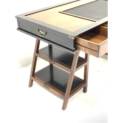 Authentic Models - 'Navigators' captains desk, leather inset top above three drawers, tapered trestle supports with shelves, W140cm, H75cm, D70cm