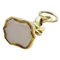 Early 20th century 18ct gold white agate fob with bright cut foliate decoration to the body and a gold sapphire and pearl bar brooch, stamped 9ct