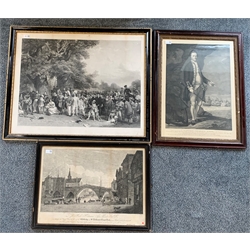 Lewis after Evans  - Large 19th century black and white engraving of a celebration with military figures, 57cm x 76cm, By and After Henry Cave, early 19th century engraving of the Old Bridge and St Williams Chapel York and a portrait engraving of Captain Charles Wood (3)