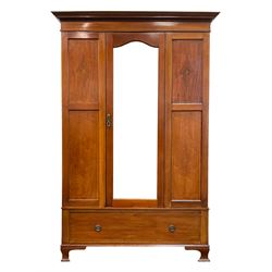 Early 20th century mahogany wardrobe, moulded cornice over mirror glazed door and panelled front, with lozenge inlay and chequered stringing, on ogee bracket feet, oak lined
