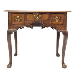 Late 18th century oak side table, with three drawers, shaped apron, raised on cabriole supports 