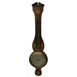 George III fan inlaid mahogany barometer and thermometer in banjo pattern case with silvered registers, inscribed 'J Ortelli & co' H97cm
