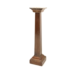 Early 20th century ecclesiastical oak pedestal jardinière stand, with square moulded top over square tapered column, on stepped base, H114cm