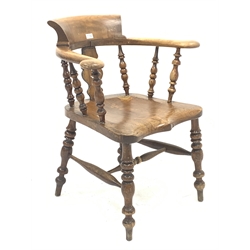 19th century elm and beech smokers bow armchair, shaped and pierced splat and spindle back, turned supports joined by H stretcher 