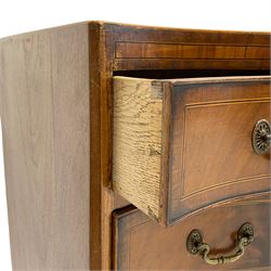 George III style mahogany serpentine chest, satinwood frieze band over four graduating drawers, shaped apron with splayed bracket feet