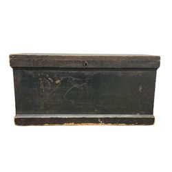 Victorian stained pine blanket box, the hinged lid revealing interior fitted with candle tray, raised on skirted base W198cm