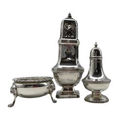 Silver square section sugar caster H17cm London 1968, silver circular salt and matching pepperette Sheffield 1945 11.3oz