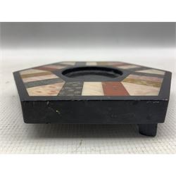 19th century Ashbourne marble hexagonal inkstand with centre recess and coloured marble segments W15cm,  marble paperweight and a brass inkstand on a marble base D10cm 