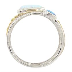 Silver and 14ct gold wire two stone pear shaped and round opal openwork ring, stamped 925