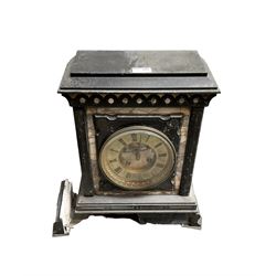 French - late 19th century Belgium slate 8-day mantle clock, with a flat panel to the front with marble inserts,



