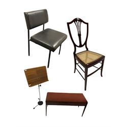 Mahogany duet stool with storage space, adjustable sheet music stand, Edwardian style mahogany cane chair and a black leather chair (4)