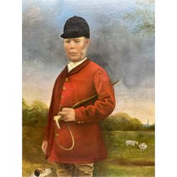 English Naive/Primitive School (19th century): Full Length Portrait of Huntsman in Riding Attire with Foxhound in Open Pasture with Sheep, oil on canvas signed J Hall, inscribed verso T Tindall Wildridge 1812-1880, 74cm x 62cm
Notes: Note verso attributes huntsman to John Backhouse, huntsman to J Hall
