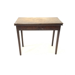 Early 19th century mahogany tea table with fold over oblong top on square tapering supports W90cm