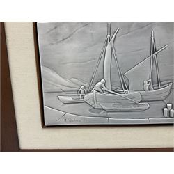 Italian white metal plaque depicting fishing boats, from Ottaviani studio, marked '925', framed 17cm x 24cm