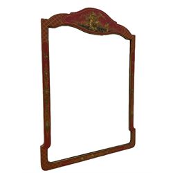 Chinoiserie design mirror, red and gilt finished wood frame, the shaped pediment painted with a pagoda scene