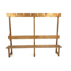  20th century slatted pine changing room bench with raised back fitted with hanging hooks,  W221cm, H175cm, D35cm  