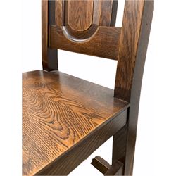 Set of eight (6+2) 18th century style oak high back dining chairs, the panelled back enclosed by turned uprights, raised on block and turned supports united by a turned stretcher W49cm