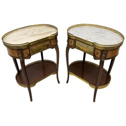 Pair of Louis XV design inlaid mahogany kidney shaped bedside table, gilt metal pierced gallery over marble top, fitted with single drawer with painted landscape facia flanked by gilt metal mask mounts, raised on cabriole supports united by undertier