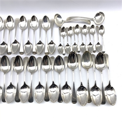 Suite of Old English pattern silver cutlery comprising eleven table forks, eleven table spoons, six larger table spoons, eleven dessert spoons, twelve dessert forks, six tea spoons and a pair of sauce ladles Sheffield 1910/11/12 Maker Maple & Co together with a matching table fork, two table spoons and six tea spoons by John Round 120oz
