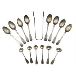 Five Victorian silver fiddle pattern teaspoons Glasgow 1880 Maker William Corbett, three other teaspoons, pair of Newcastle silver sugar tongs by Reid & Son and three pairs of 19th century silver condiment spoons