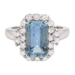 18ct white gold emerald cut aquamarine and round brilliant cut diamond cluster ring, aquamarine approx 2.10 carat