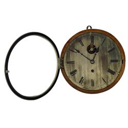 English – single train 19th century 8-day fusee wall clock in a circular wooden case, with an 8” silvered dial, Roman numerals, minute track, steel spade hands and visible English lever balance escapement, dial pinned to a chain driven four pillar timepiece fusee movement, with a cast brass bezel and flat bevelled glass.