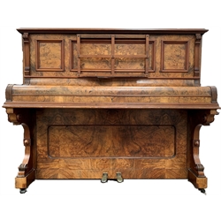 Albert Fahr Victorian figured walnut over strung upright piano with floral marquetry panel and reeded decoration, W149cm