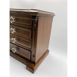 Small Victorian inlaid mahogany  chest of inverted breakfront design with four long drawers on a plinth base H32cm x W33cm