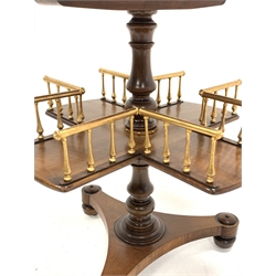 William IV walnut book table, the circular bur top over cruciform under tier with gilded gesso gallery, raised on turned column leading to trefoil base and turned supports housing recessed castors, 56cm x 56cm, H66cm