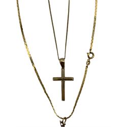 9ct gold cross pendant on chain and a peridot and seed pearl pendant, stamped 9ct, on a  later 9ct gold chain (2)