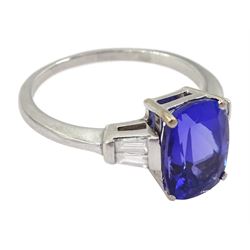 18ct gold cushion cut tanzanite ring, with tapered baguette cut diamond shoulders, hallmarked, tanzanite approx 3.90 carat