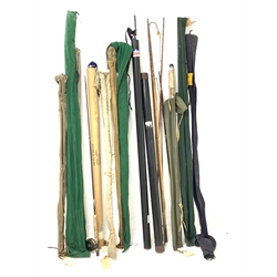 Predominantly fly fishing rods including Sharpe Ltd 'Scottie' split cane rod,  Sealey 'Black Arrow', Dawia Carbon 'Jaguar match JCM-12', various split cane rods etc