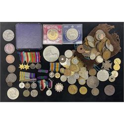 WWI and WWII miniature medals, coins including Queen VIctoria shilling mounted as a brooch, commemorative crowns, gaming tokens etc and medallions