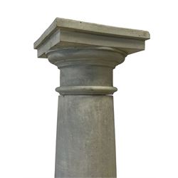 Pair of three-piece architectural pedestals, stepped square top on barrel pedestals, moulded foot and square base