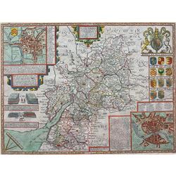 After John Speed (British 1552-1629): map of Gloucestershire, hand-coloured map with  inset plans of Gloucester and Bristol and numerous armorials 51cm x 38cm