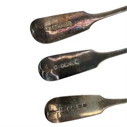 Set of nine Victorian silver fiddle pattern teaspoons engraved with initials Exeter 1856 Maker John Stone 